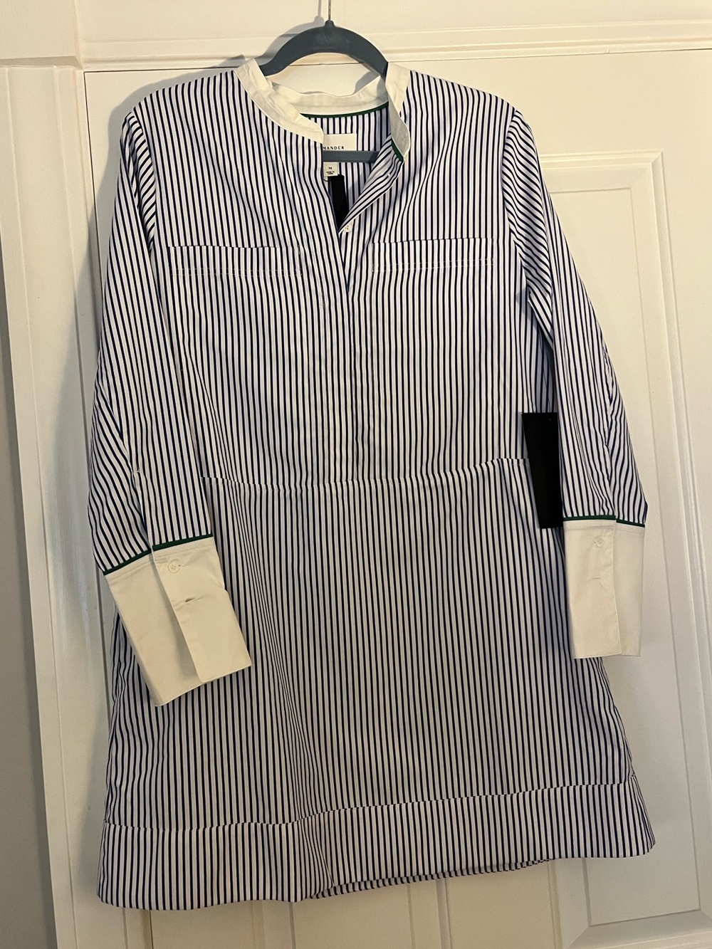 Pomander Place Navy and White Pinstripe Long-Sleeve Shirt Dress